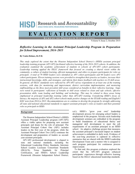 EVALUATION REPORT B U R E a U O F P R O G R a M E VALUATION Volume 1, Volumvolume 9, Issue 2, October 2015