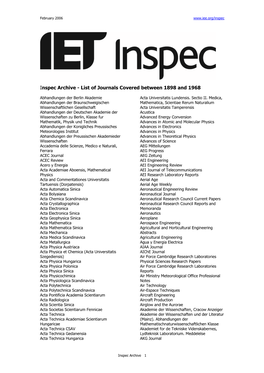 Inspec Archive - List of Journals Covered Between 1898 and 1968