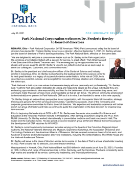 Park National Corporation Welcomes Dr. Frederic Bertley to Board of Directors