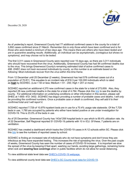 December 28, 2020 As of Yesterday's Report, Greenwood County Had 77