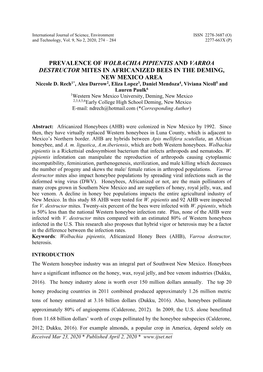 PREVALENCE of WOLBACHIA PIPIENTIS and VARROA DESTRUCTOR MITES in AFRICANIZED BEES in the DEMING, NEW MEXICO AREA Niccole D