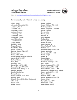 Nathanael Greene Papers, List of Contributors