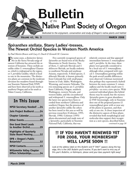 Bulletin of the Native Plant Society of Oregon Dedicated to the Enjoyment, Conservation and Study of Oregon’S Native Plants and Habitat Volume 41, No