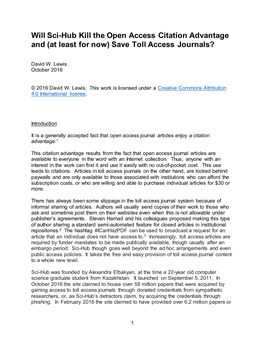 Will Sci-Hub Kill the Open Access Citation Advantage and (At Least for Now) Save Toll Access Journals?