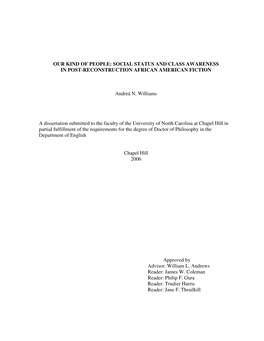 Our Kind of People: Social Status and Class Awareness in Post -Reconstruction African American Fiction