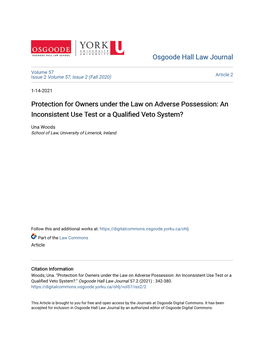 Protection for Owners Under the Law on Adverse Possession: an Inconsistent Use Test Or a Qualified Etv O System?