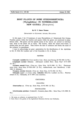 HOST PLANTS of SOME STERNORRHYNCHA (Phytophthires) in NETHERLANDS NEW GUINEA (Homoptera)