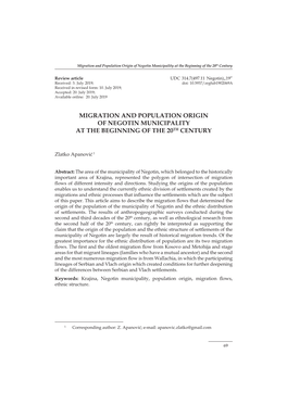 Migration and Population Origin of Negotin Municipality at the Beginning of the 20Th Century