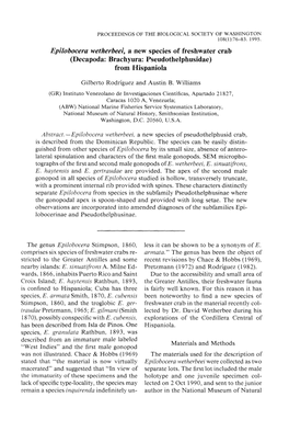 Epilobocera Wetherbeei, a New Species of Freshwater Crab (Decapoda: Brachyura: Pseudothelphusidae) from Hispaniola Gilberto Rodr