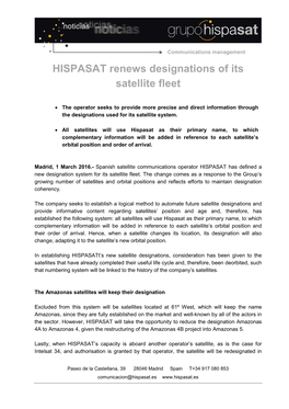 HISPASAT Renews Designations of Its Satellite Fleet