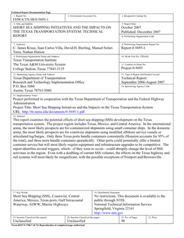 SHORT SEA SHIPPING INITIATIVES and the IMPACTS on October 2007 the TEXAS TRANSPORTATION SYSTEM: TECHNICAL Published: December 2007 REPORT 6