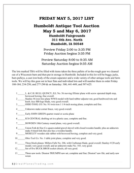 FRIDAY MAY 5, 2017 LIST Humboldt Antique Tool Auction May 5 And