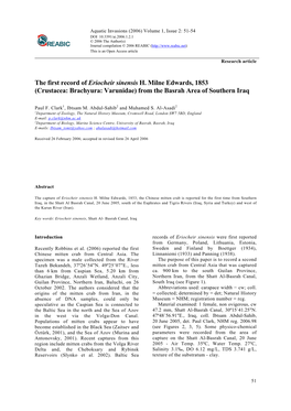 The First Record of Eriocheir Sinensis H. Milne Edwards, 1853 (Crustacea: Brachyura: Varunidae) from the Basrah Area of Southern Iraq