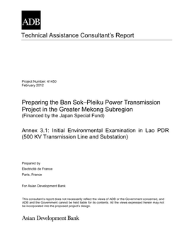 Technical Assistance Consultant's Report Preparing the Ban Sok