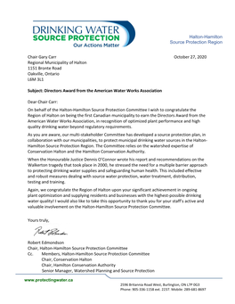 Halton-Hamilton Source Protection Region Chair Gary Carr October 27