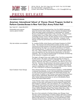 American International School of Vienna Choral Program Invited to Perform Carmina Burana in New York City’S Avery Fisher Hall New York, N.Y