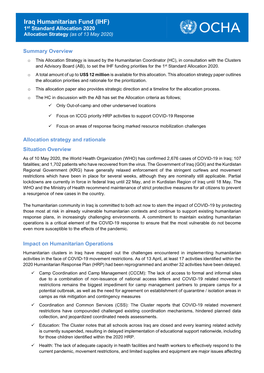 Iraq Humanitarian Fund (IHF) 1St Standard Allocation 2020 Allocation Strategy (As of 13 May 2020)