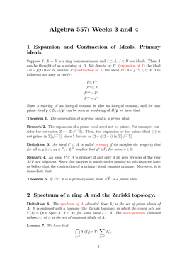 Algebra 557: Weeks 3 and 4