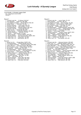 A Dynasty League Draft Results 06-Mar-2014 12:57 AM ET