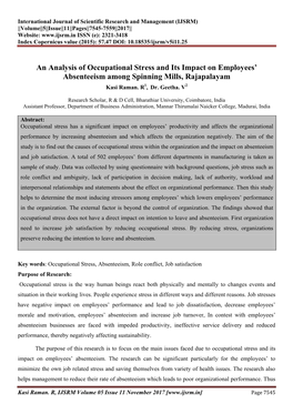 An Analysis of Occupational Stress and Its Impact on Employees’ Absenteeism Among Spinning Mills, Rajapalayam Kasi Raman