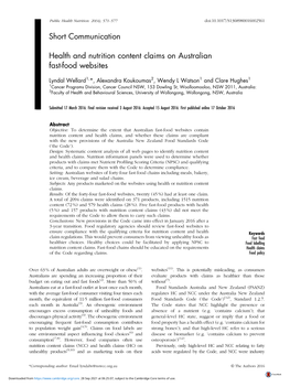 Short Communication Health and Nutrition Content Claims on Australian Fast-Food Websites