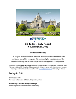 Daily Report November 21, 2019 Today in BC