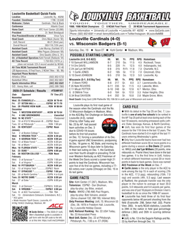 Louisville Cardinals (4-0) Vs. Wisconsin Badgers (5-1)