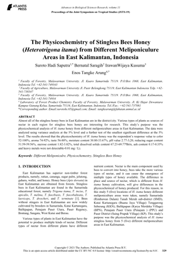 The Physicochemistry of Stingless Bees Honey (Heterotrigona Itama) from Different Meliponiculure Areas in East Kalimantan, Indon