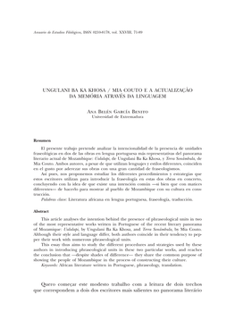 Ungulani Ba Ka Khosa / Mia Couto E a Actualização Da Memória Através Da Linguagem