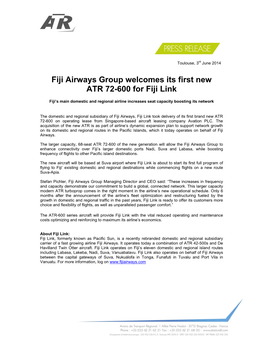 Fiji Airways Group Welcomes Its First New ATR 72-600 for Fiji Link