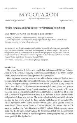 &lt;I&gt;Terriera Simplex&lt;/I&gt;, a New Species of &lt;I&gt;Rhytismatales&lt;/I&gt; from China