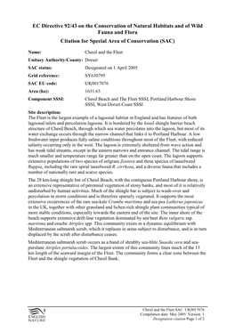 EC Directive 92/43 on the Conservation of Natural Habitats and of Wild Fauna and Flora Citation for Special Area of Conservation (SAC)