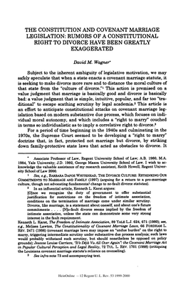 The Constitution and Covenant Marriage Legislation: Rumors of a Constitutional Right to Divorce Have Been Greatly Exaggerated