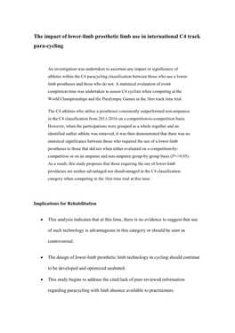 The Impact of Lower-Limb Prosthetic Limb Use in International C4 Track Para-Cycling