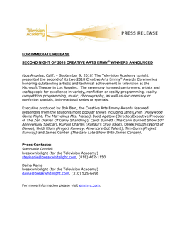 For Immediate Release Second Night of 2018 Creative Arts