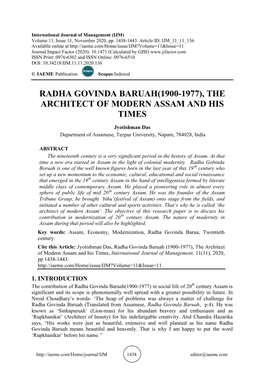 Radha Govinda Baruah(1900-1977), the Architect of Modern Assam and His Times