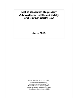List of Specialist Regulatory Advocates in Health and Safety and Environmental Law