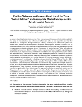 Excited Delirium” and Appropriate Medical Management in Out-Of-Hospital Contexts