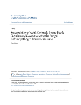 Susceptibility of Adult Colorado Potato Beetle (Leptinotarsa Decemlineata) to the Fungal Entomopathogen Beauveria Bassiana Ellen Klinger