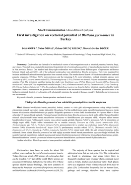 First Investigation on Vectorial Potential of Blattella Germanica in Turkey