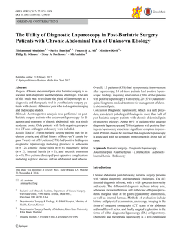 The Utility of Diagnostic Laparoscopy in Post-Bariatric Surgery Patients with Chronic Abdominal Pain of Unknown Etiology