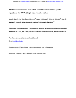 APOBEC1 Complementation Factor (A1CF) and RBM47 Interact in Tissue-Specific Regulation of C to U RNA Editing in Mouse Intestine and Liver