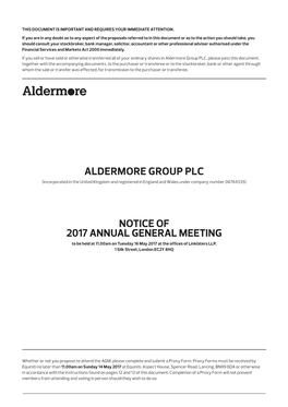 Aldermore Group PLC Notice of 2017 Annual General Meeting