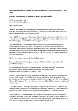 Email to Prime Minister John Key and Minister of Women's Affairs Jo Good