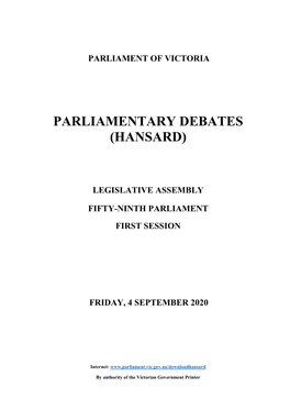 Legislative Assembly Fifty-Ninth Parliament First Session Friday, 4 September 2020