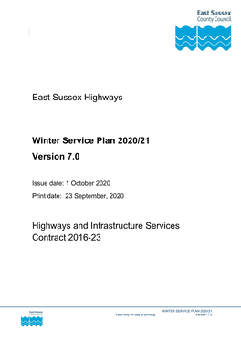 East Sussex Highways Winter Service Plan 2020/21 Version 7.0 Highways