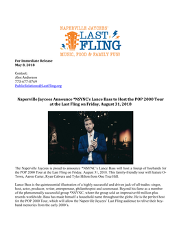 Naperville Jaycees Announce *NSYNC's Lance Bass to Host the POP 2000 Tour at the Last Fling on Friday, August 31, 2018