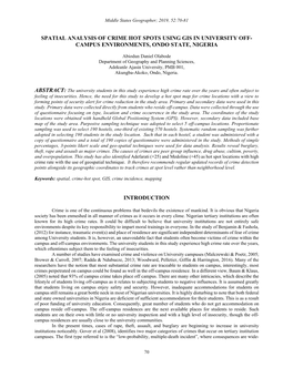 Spatial Analysis of Crime Hot Spots Using Gis in University Off- Campus Environments, Ondo State, Nigeria