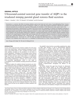 Ultrasound-Assisted Nonviral Gene Transfer of AQP1 to the Irradiated Minipig Parotid Gland Restores ﬂuid Secretion