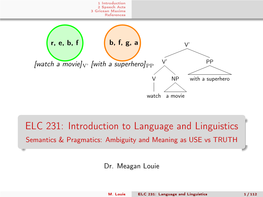 ELC 231: Introduction to Language and Linguistics Semantics & Pragmatics: Ambiguity and Meaning As USE Vs TRUTH